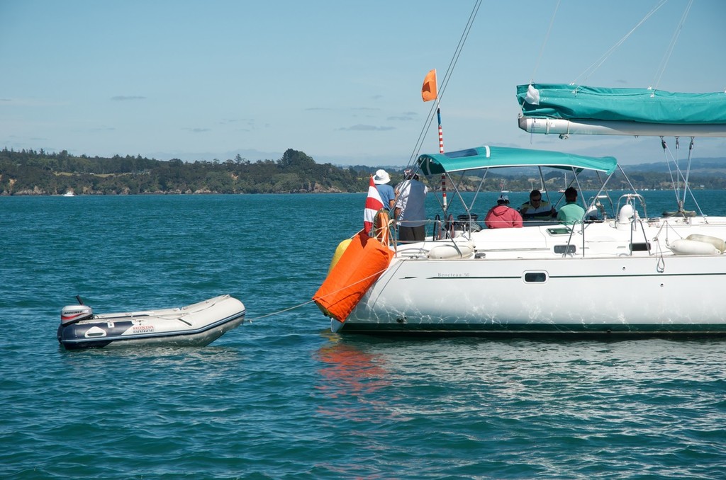 The committee boat waiting for wind. - NZ 470 Nationals &copy; Christine Hansen